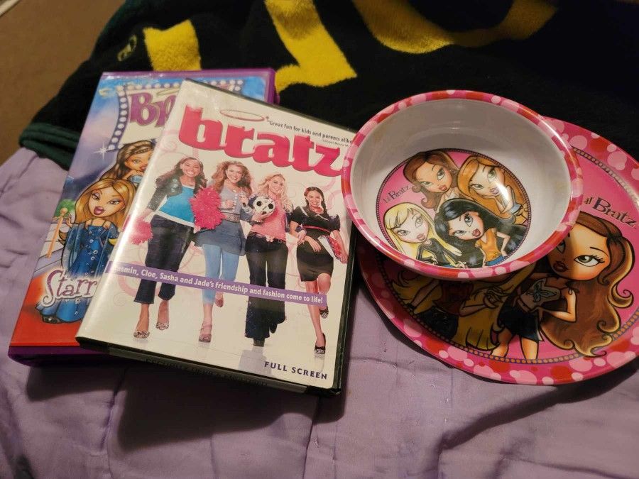 BRATZ ITEMS ...VHS,DVD, PLATE AND BOWL