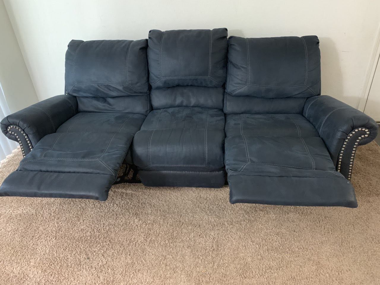 Microfiber dark blue manual recliner sofa