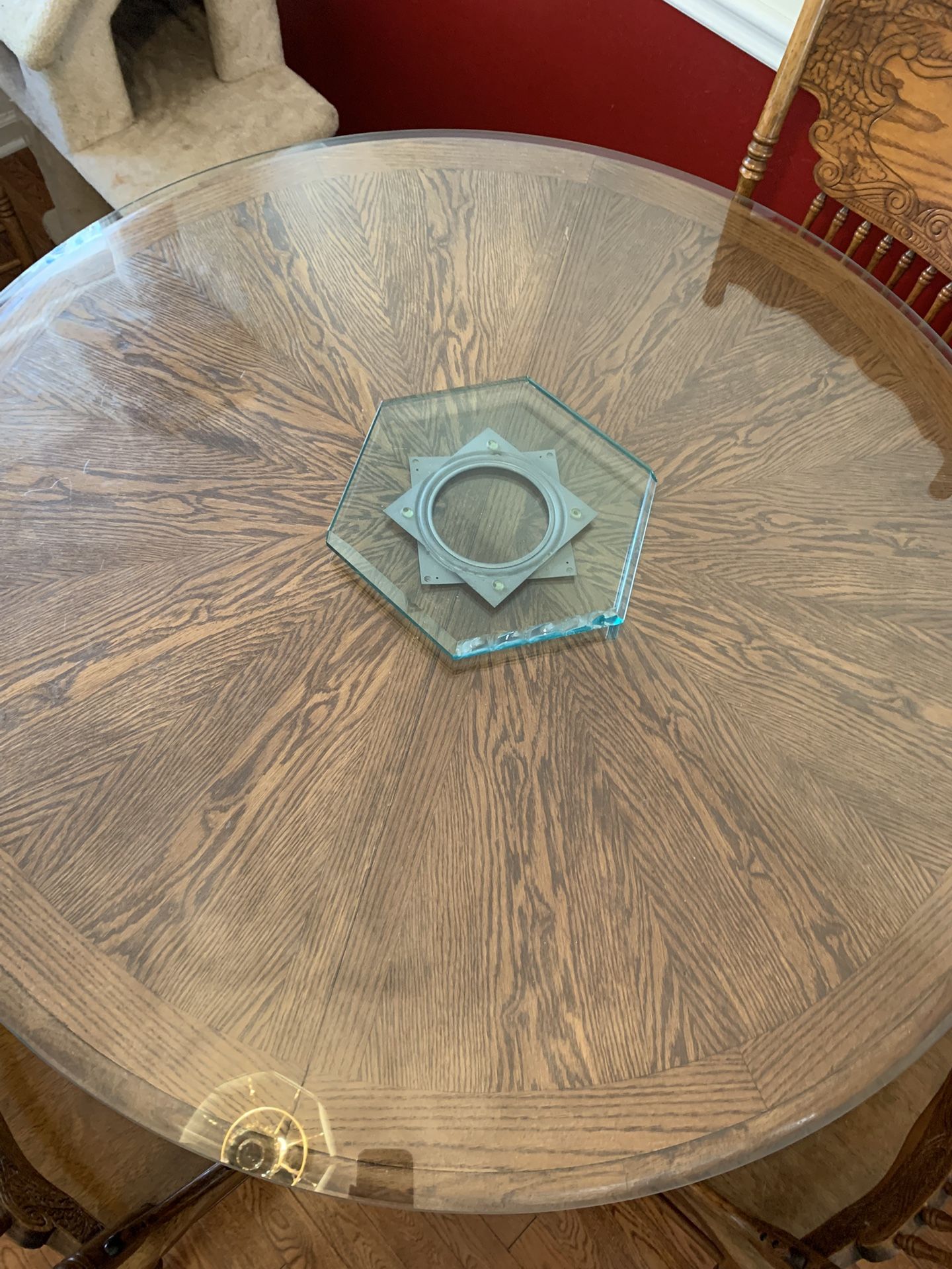 Vintage Dining Table, 6 Chairs, Glass Top, Insert , Real Wood