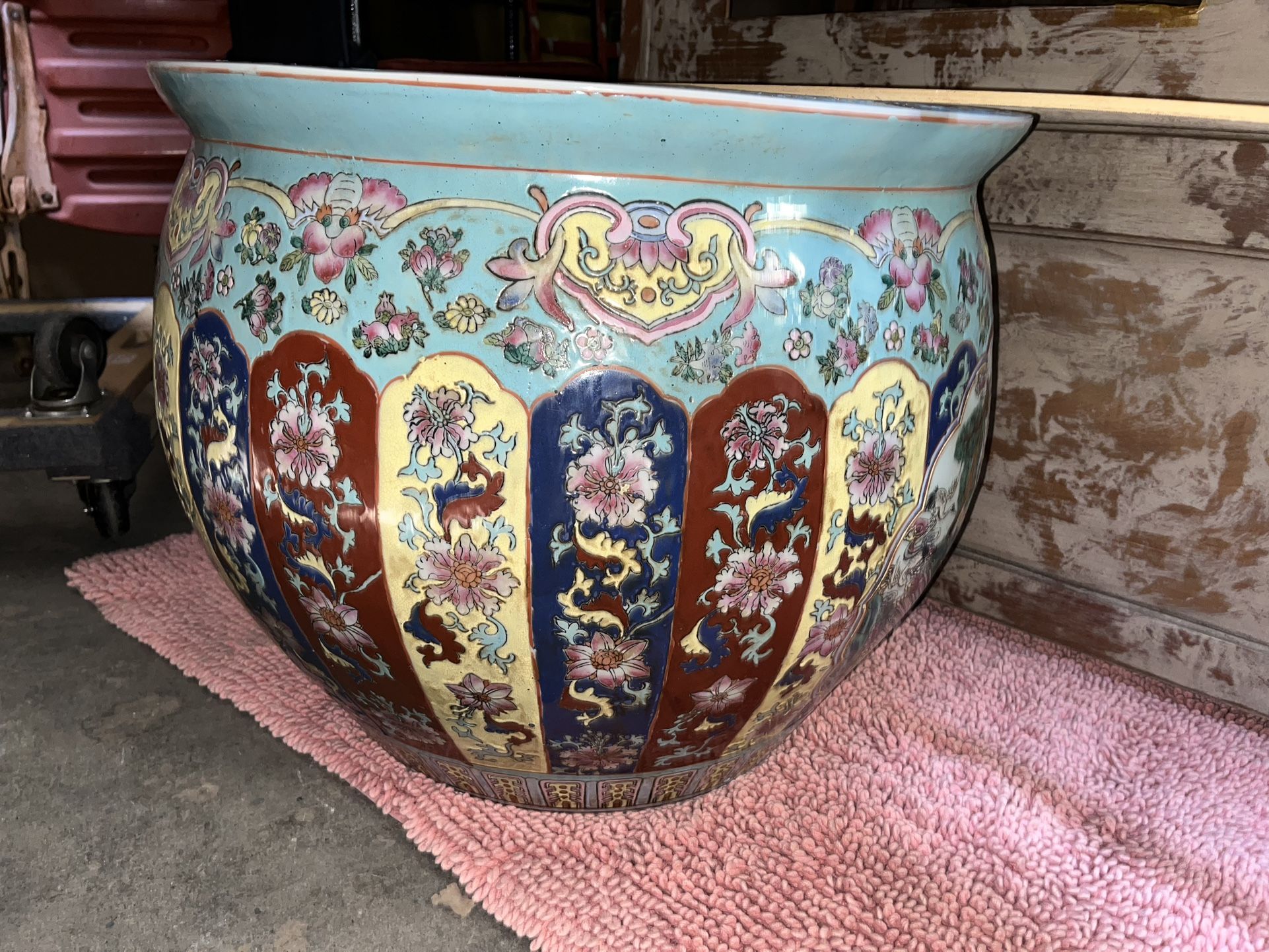 Large Heavy Thick Porcelain Chinese Fish Bowl 