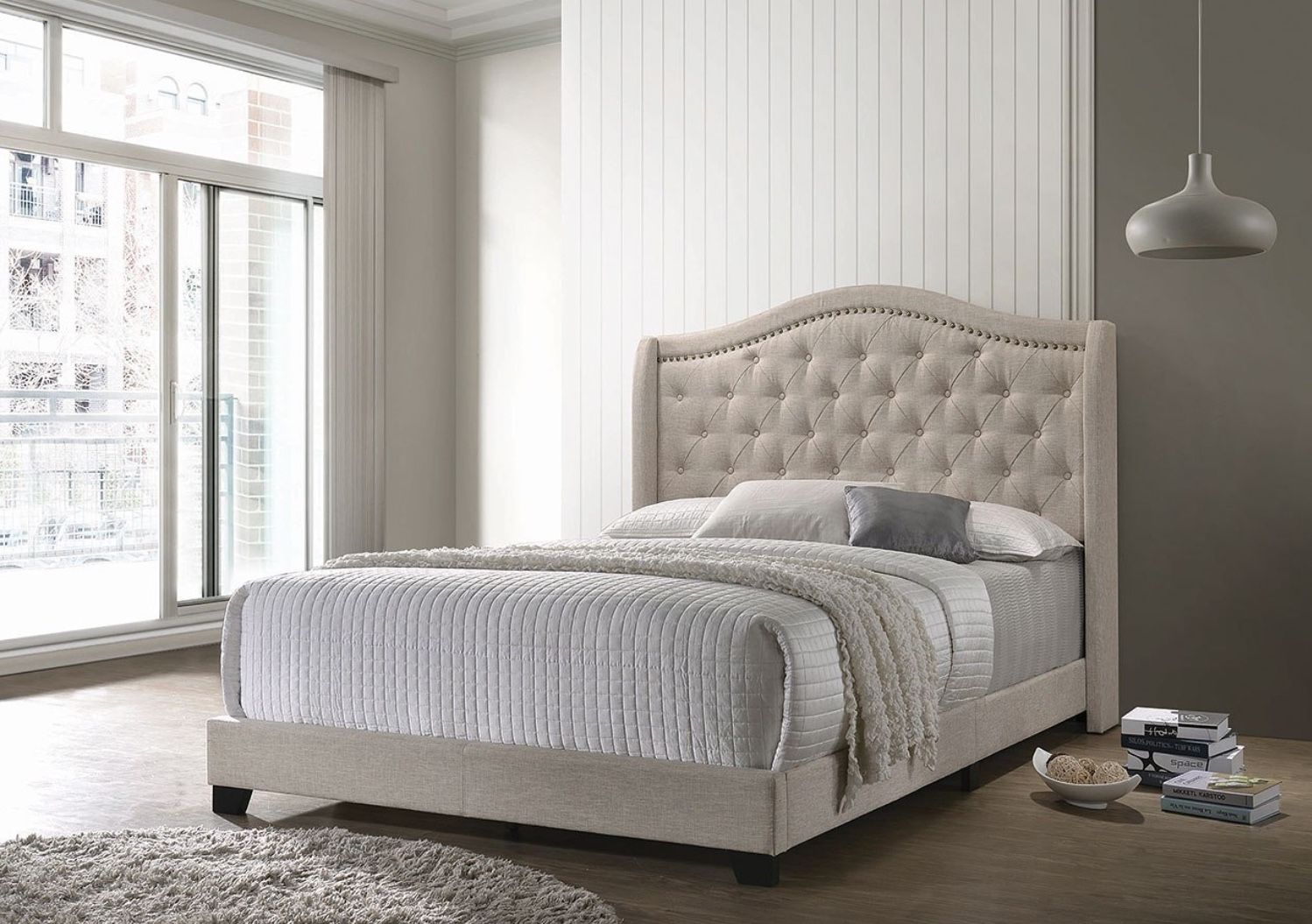 Queen Upholstered Wingback Bed Frame Available In Grey & Beige 