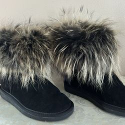 Australian Beach Feet Suede Black Boot W/Faux Fur Trim Size 5-New-Never Worn 🔵See Details Below🔵