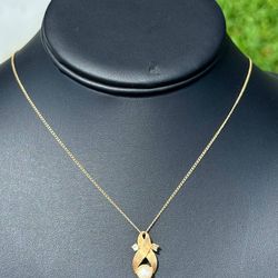 Jewelry 14k yellow gold Cuban  necklace chain 18.5" 1.00mm width pearl CZ pendant