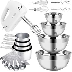 New Hand Mixer Electric Mixing Bowls Set, 5 Speeds Handheld Mixer with 4 Nesting Stainless Steel Mixing Bowl, Measuring Cups Spoons 200W Kitchen Blend