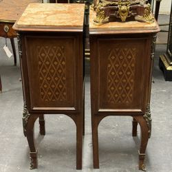 Pair of French Antique Satinwood & Marble Top Nightstand End Tables 
