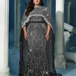 Plus Size Sequins Stand Collar Cloak Sleeve Gown Dress (Heavily Embellished)  