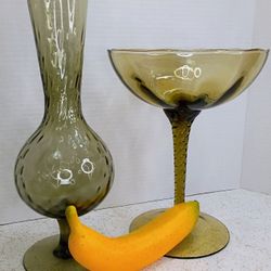 Mid Century Vintage Set of 2 Empoli Optic MCM Art Glass in Smokey Gray & Olive Green Both for $40!