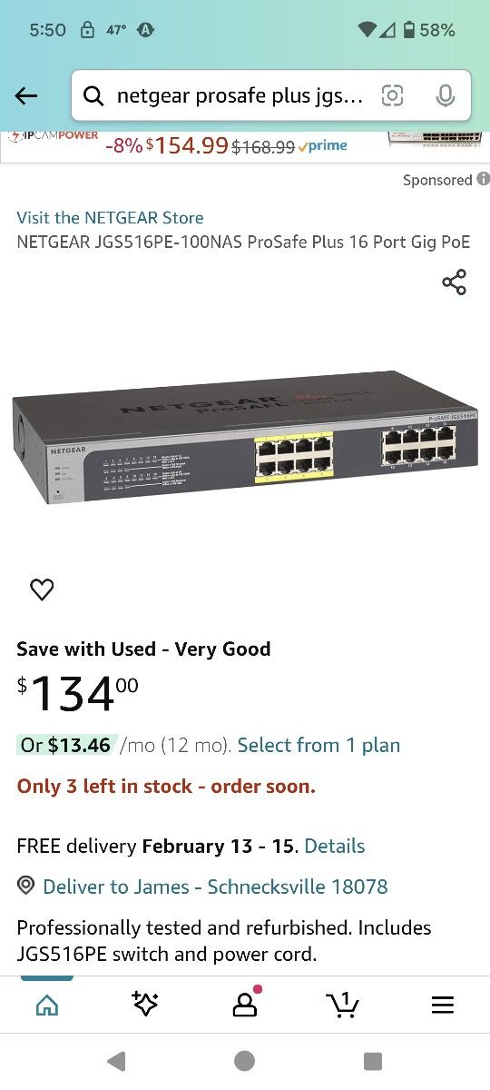 Netgear Prosafe JGS516PE Switch With POE