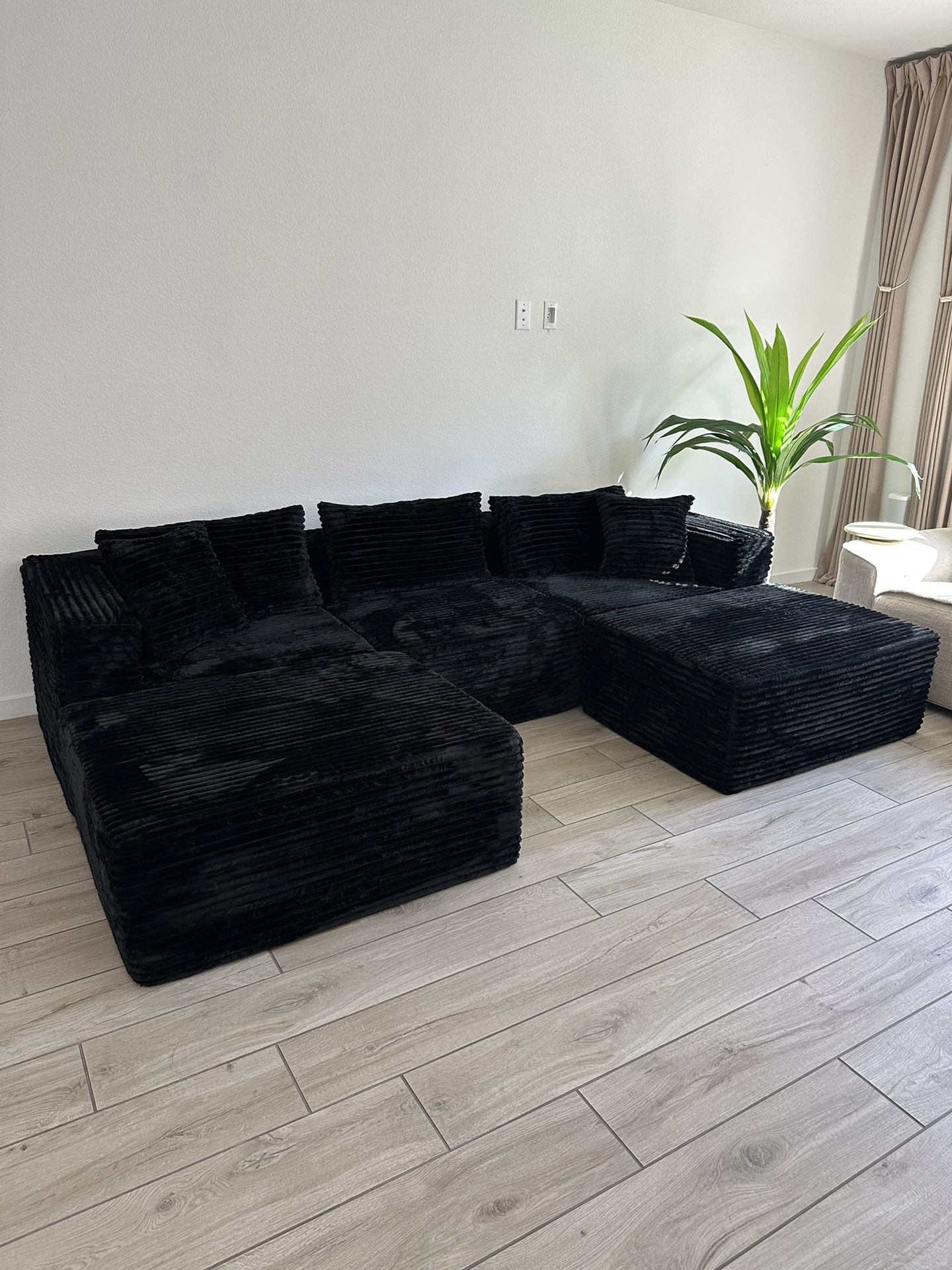 Midnight Black 5-Piece Corduroy Modular Sectional Sofa Couch New