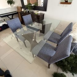 Glass Dining Table w/ Solid Wood Base + 5 Chairs – Priced to Sell
