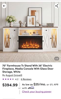 70" Farmhouse Tv Stand With 36" Electric Fireplace, Media Console With Glass Door Storage, White
