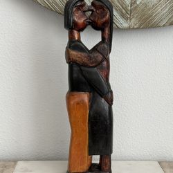 Vintage Hand Carved Wooden Sculpture of Couple Kissing (Love, Happiness and Good Fortune Statue) 