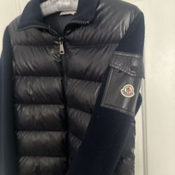 Moncler padded cardigan featuring a down-filled front and wool sleeves