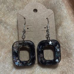 Black Glitter Square Earrings