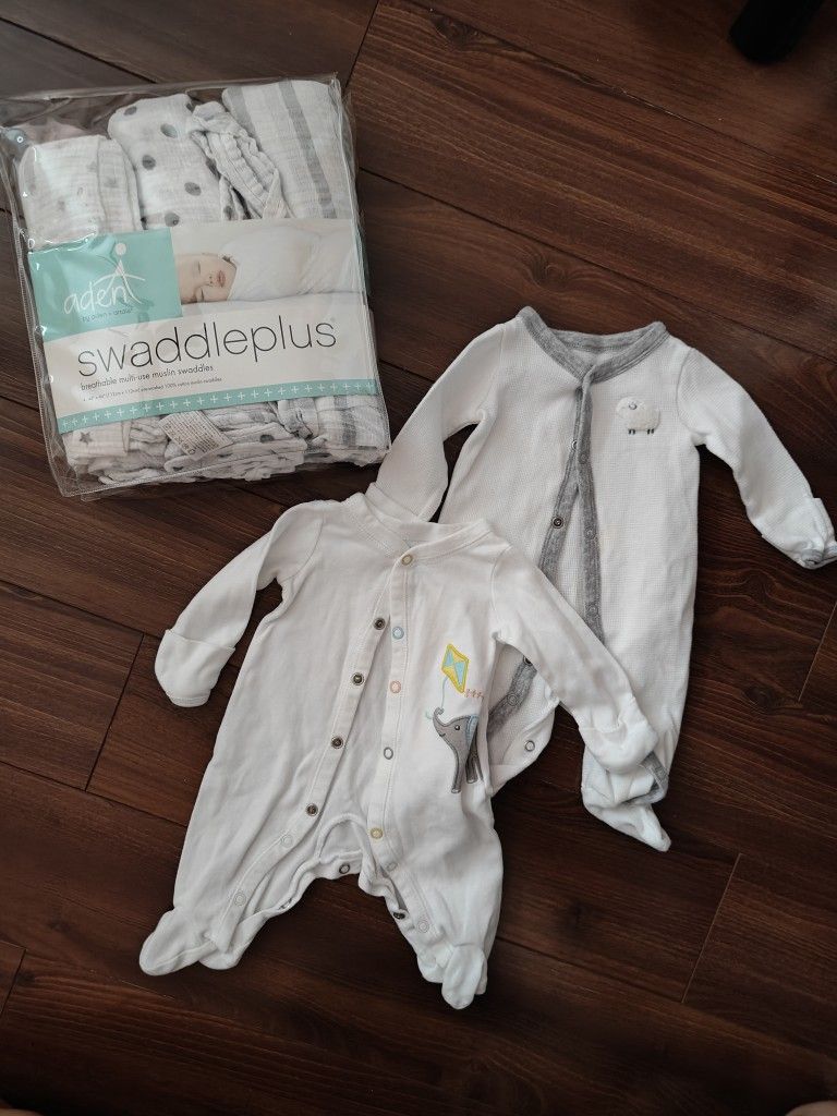 Baby Newborn Onesie Pajama And Swaddle Muslin Blankets
