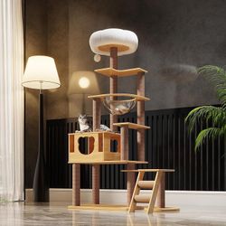 65-Inch Multi-Pure Wood-Level Cat Tree Tower with Condo, 13 Scratching Posts, with Padded Platform Bed, Toy Balls, and Sisal Scratching,Cat Tree for I