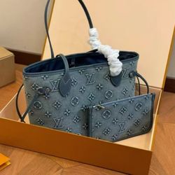LV NEVERFULL MM Blue Denim Denim Tote Bag 