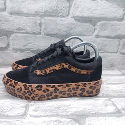 Vans Old Skool Platform Black Brown Women's Size 6.5 Leopard Print Trim Shoes *No Box*