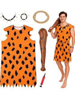 Adult Caveman Costume, Orange Tunic, Rope Belt, Bone Jewelry & Inflatable Club