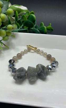 Irregular Natural Stone Open Bracelet Round Glass Beads Clasp Bracelet, Brown