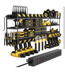 Power Tool Organizer Wall Mount with Charging Station, Cordless Tool Organizer, 12 Drill Holders 4-Tier Heavy Duty Drill Rack with 8-Outlet Power Stri