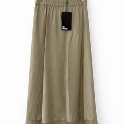 The Kooples Midi Skirt Size 0 Khaki Green Lace Trim Satin Elastic Waist NWT