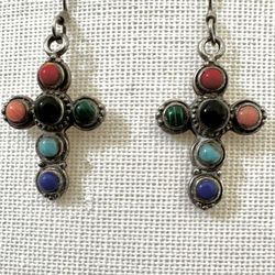 Sterling Silver Natural Stone Cross Earrings 