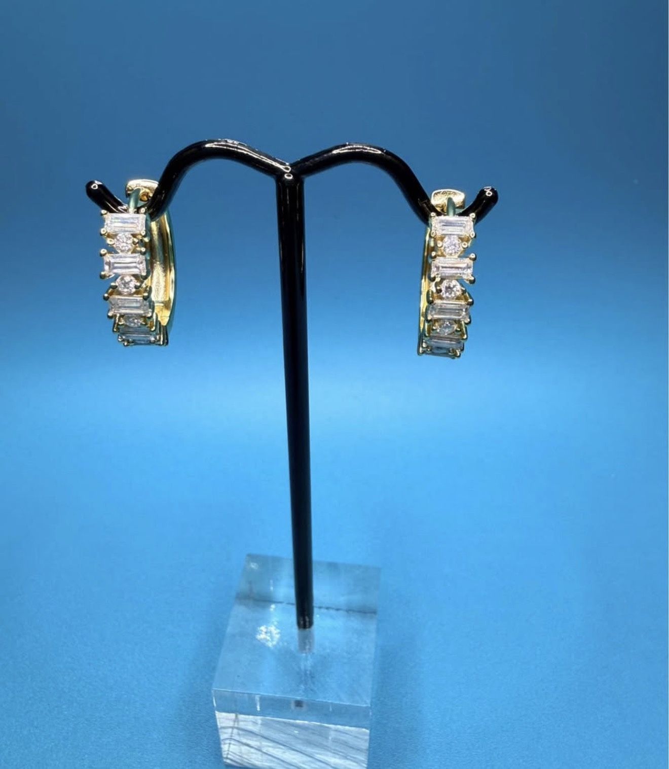 # 77- Baguette and Round Moissanite Hoop Earrings - 14K Gold over Sterling Silver