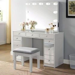 Brand New Plush White Vanity Plus Stool 