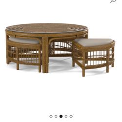 Rattan Table And Glass And 4 Stools.