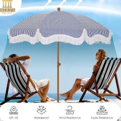 NEW IN BOX! 7ft Heavy Duty Fringe Beach/Patio Umbrella with Sand Anchor