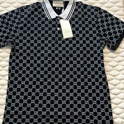 Gucci Men's Logo Pattern Polo Shirt Black White 2XL Short Sleeve Collared