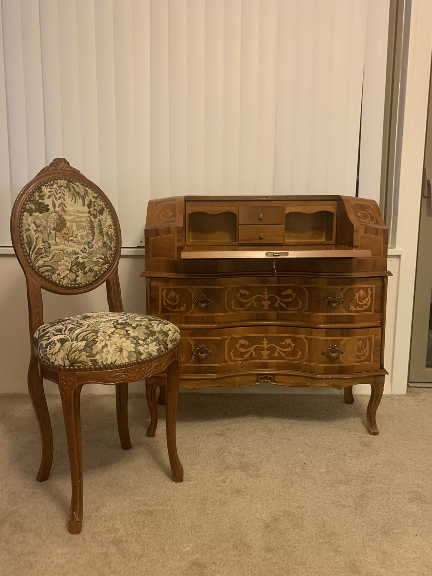 Antique secretary desk with hutch and chair