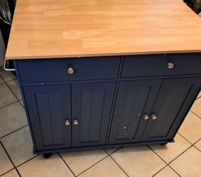Blue Rolling Kitchen Island Cart with Storage Cabinet and Drawers