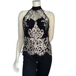 IRIS Black HALTER Mesh Embroidered Short Sleeveless Lined Size L 