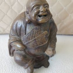 ​Vintage Bronze/Stone Happy Buddha Hotei Figurine w/ Fan Statue Art