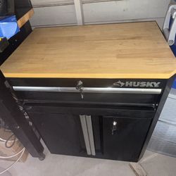 Husky Base Toolbox with Wood top - 1 Drawer 2 Door & Shelf (28”W X 32.8”H X 18.3”)