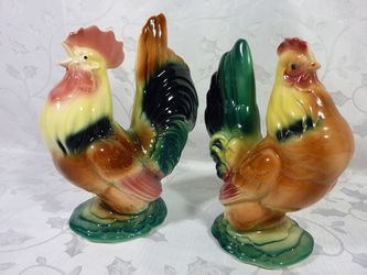VINTAGE POTTERY 1950's Ceramic Rooster & Hen Kitchen