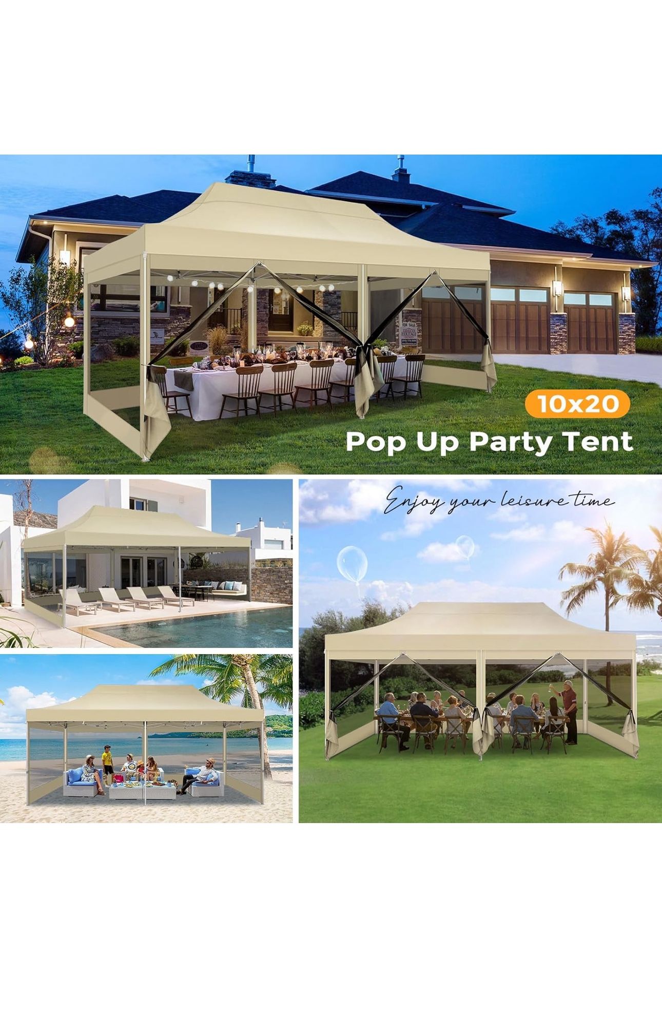 10x20 Heavy Duty Pop Up Canopy Tent with 6 Sidewalls, Commercial Gazebo Party Tent with Mosquito Netting Wall Easy Set Up Outdoor Instant Screen Tent