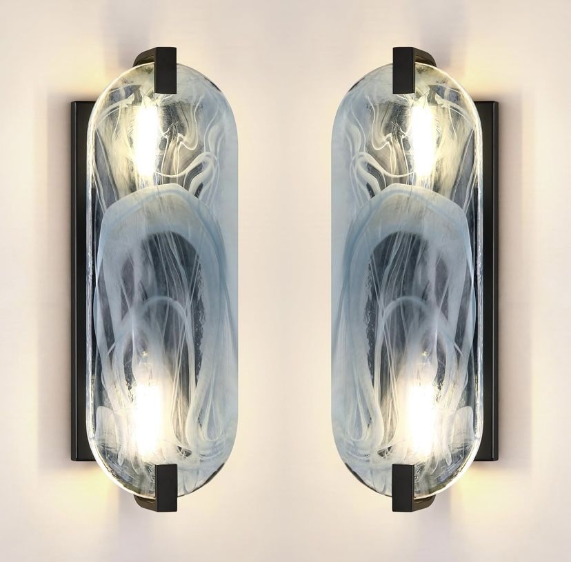 2 Pack 2 Light Oval Blue Glass Bathroom Wall Sconce Modern