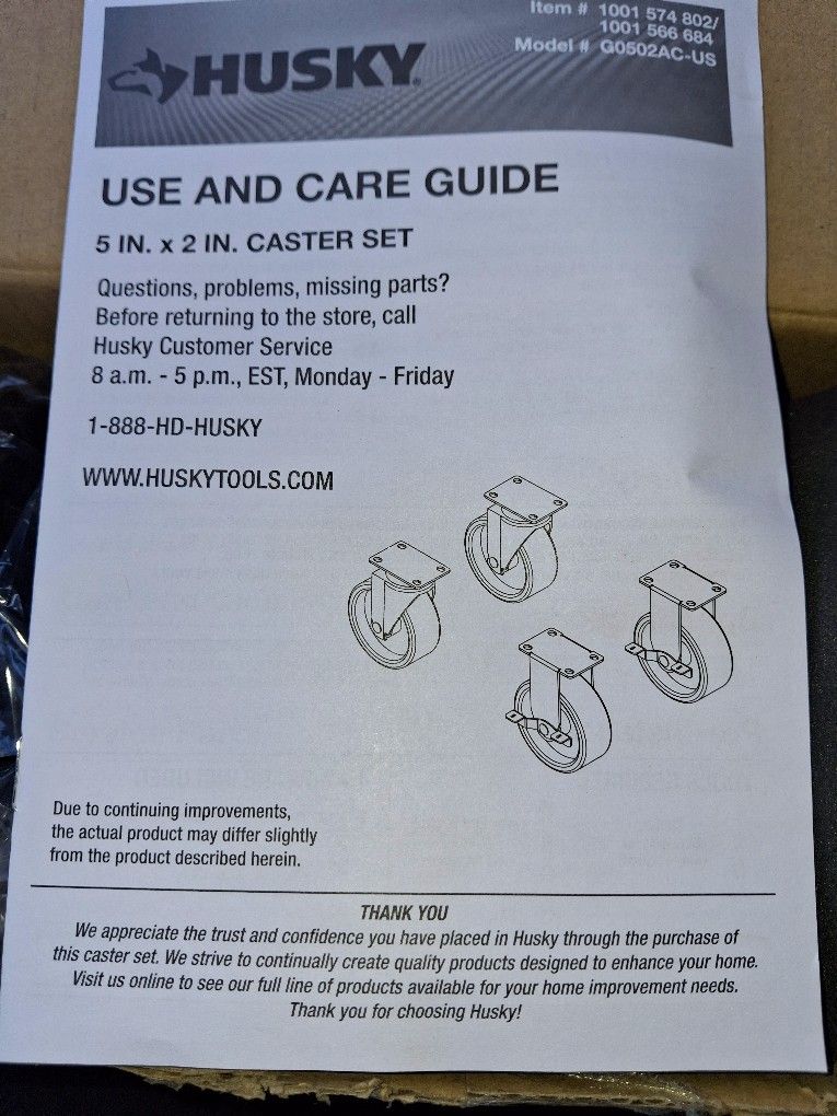 NEW Husky 5 IN x 2 IN CASTER WHEEL SET