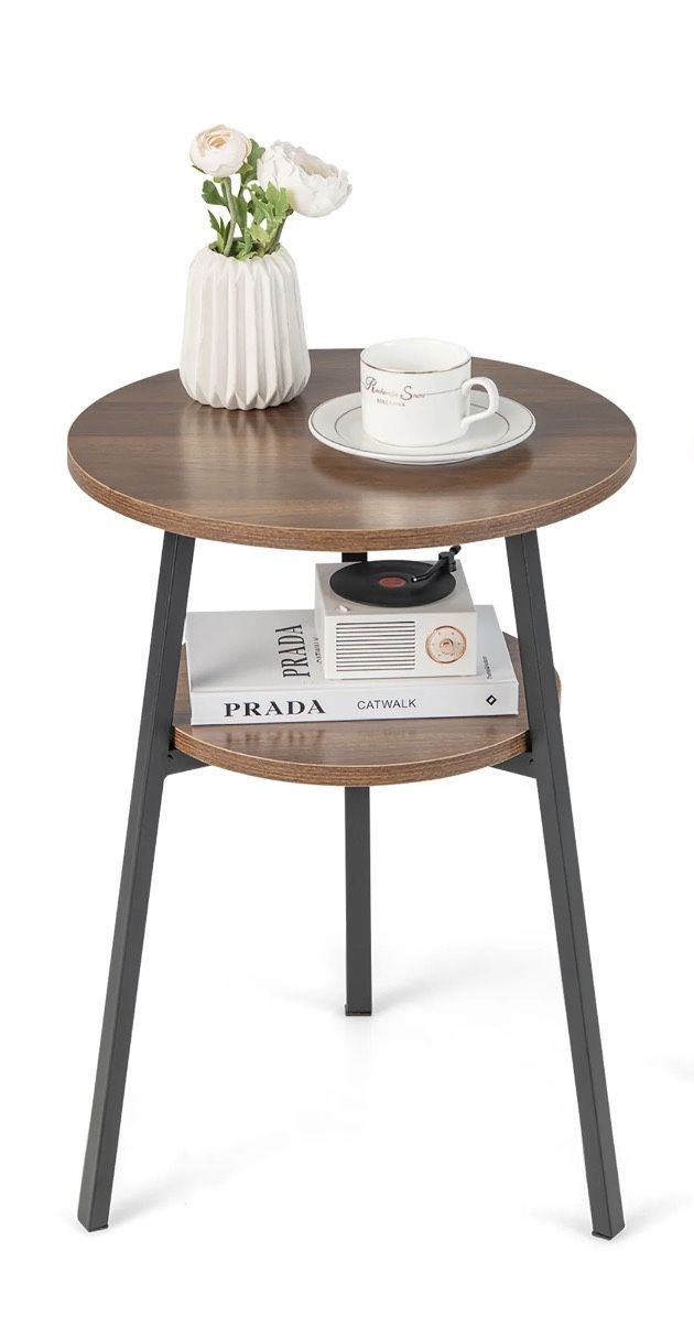 Brand New In The Box Costway 1PCS 2-Tier Bedside End Table Round Nightstand for Bedroom Living Room Walnut