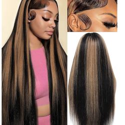 KUKIM 30 Inch Ombre Straight Wigs Human Hair 13x6 HD