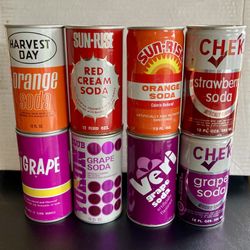Vintage 1970’s Orange, Grape, Strawberry, Red Cream Soda Pop Cans. 