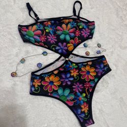 New 1xl flower swimsuit onepiece bodysuit rave hippie festival boho outfit 60s EDC Daisy Flower 