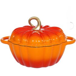 Pumpkin Enameled Cast Iron Dutch Oven with Lia, 4.5 QT Heavy Duty and Dual Handles Pot, Serves 3-5 and Oven Safe for Bread Baking, Braising, Cooking S