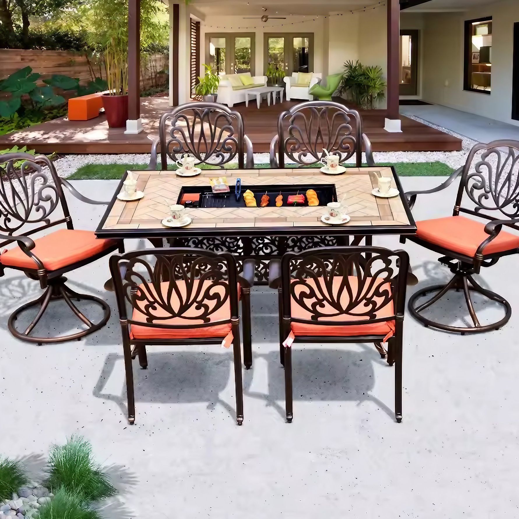 Dining table outdoor patio set BBQ grill with six heavy duty chairs carved tile top