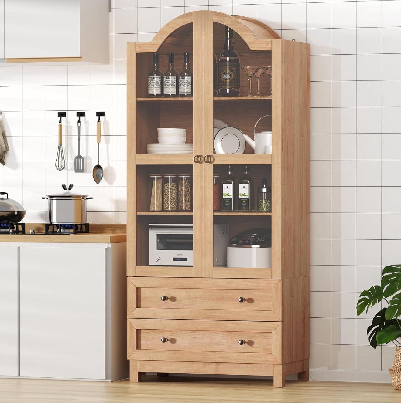 New 71 Tall Arched Pantry Cabinet, Vintage Wood Kitchen Cabinet with 2 Large Drawers, 4-Tier Storage Cabinet with Adjustable Shelf & Magnetic Clasp Do