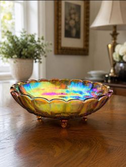 Vintage Carnival Glass Footed Bowl – Amber Iridescent Grape Pattern
