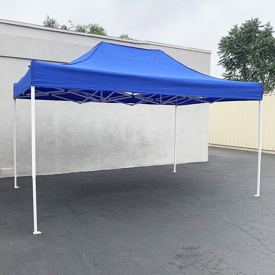 (NEW) $145 Heavy-Duty 10x15 ft Popup Canopy Tent Instant Shade with Carry Bag, White/Blue